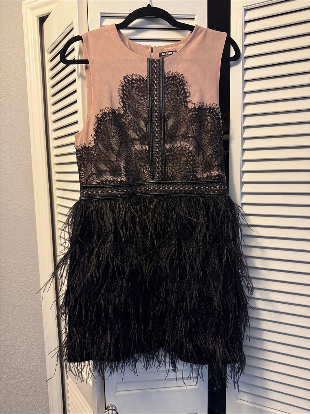Gianni Bini Nude and Black Lace Ostrich Feather Cocktail Dress